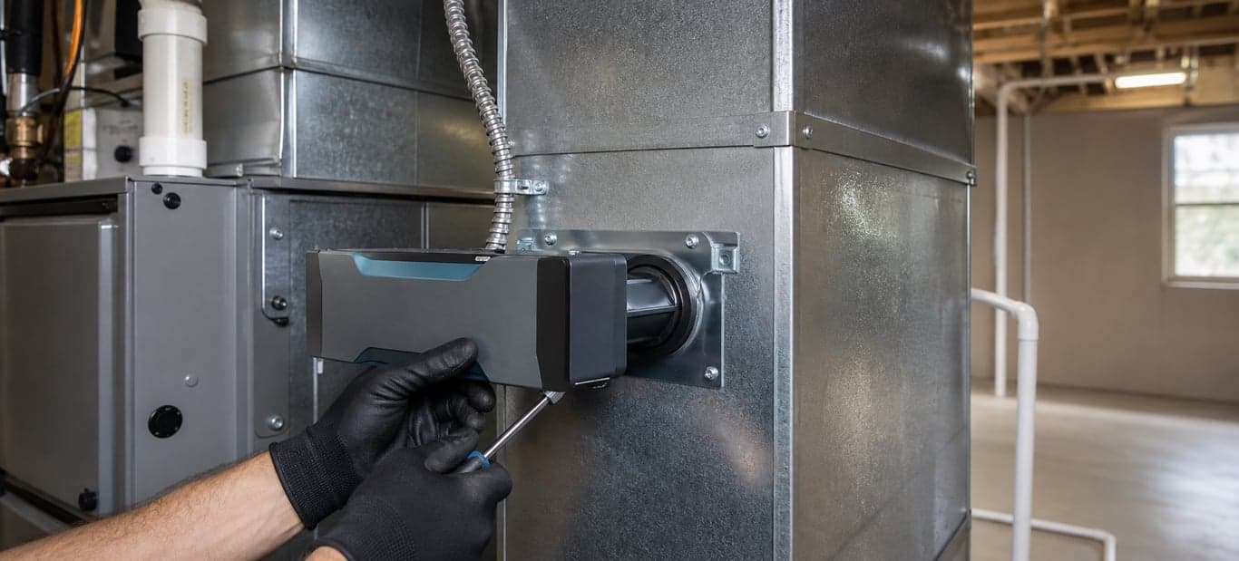 A gloved technician installing whole-home air purification equipment in HVAC ductwork