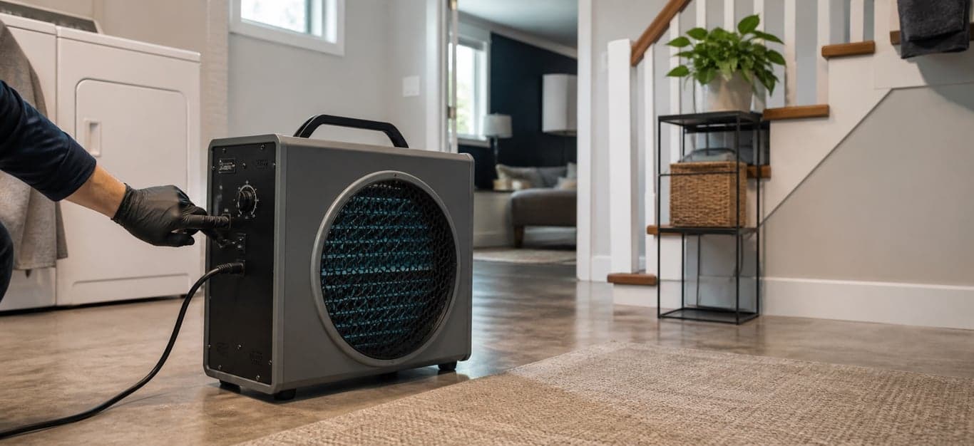 Professional odor-removal equipment operating inside a residential home