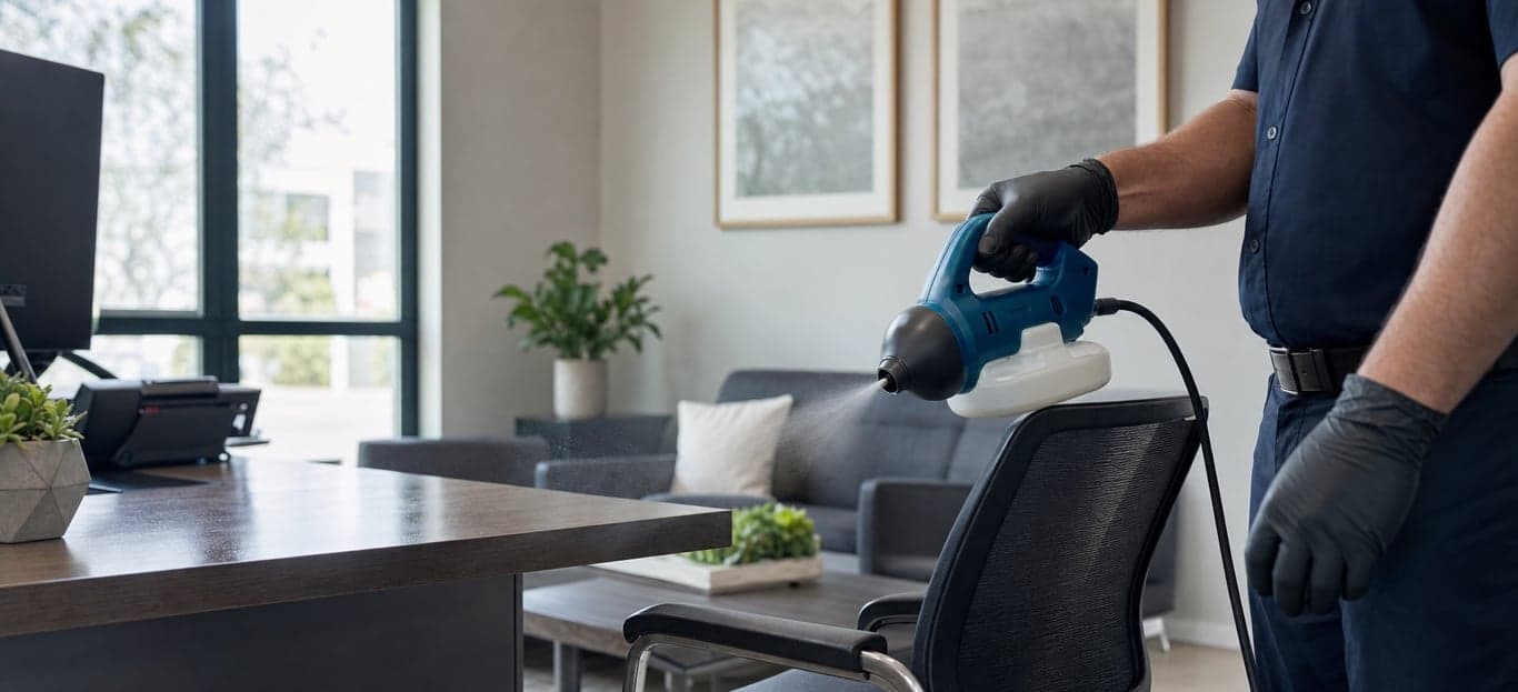 A professional technician applying a fine sanitizing mist to high-touch office surfaces