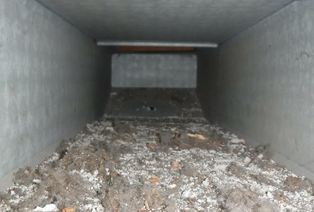 Inside view of an air duct before cleaning by air duct pros