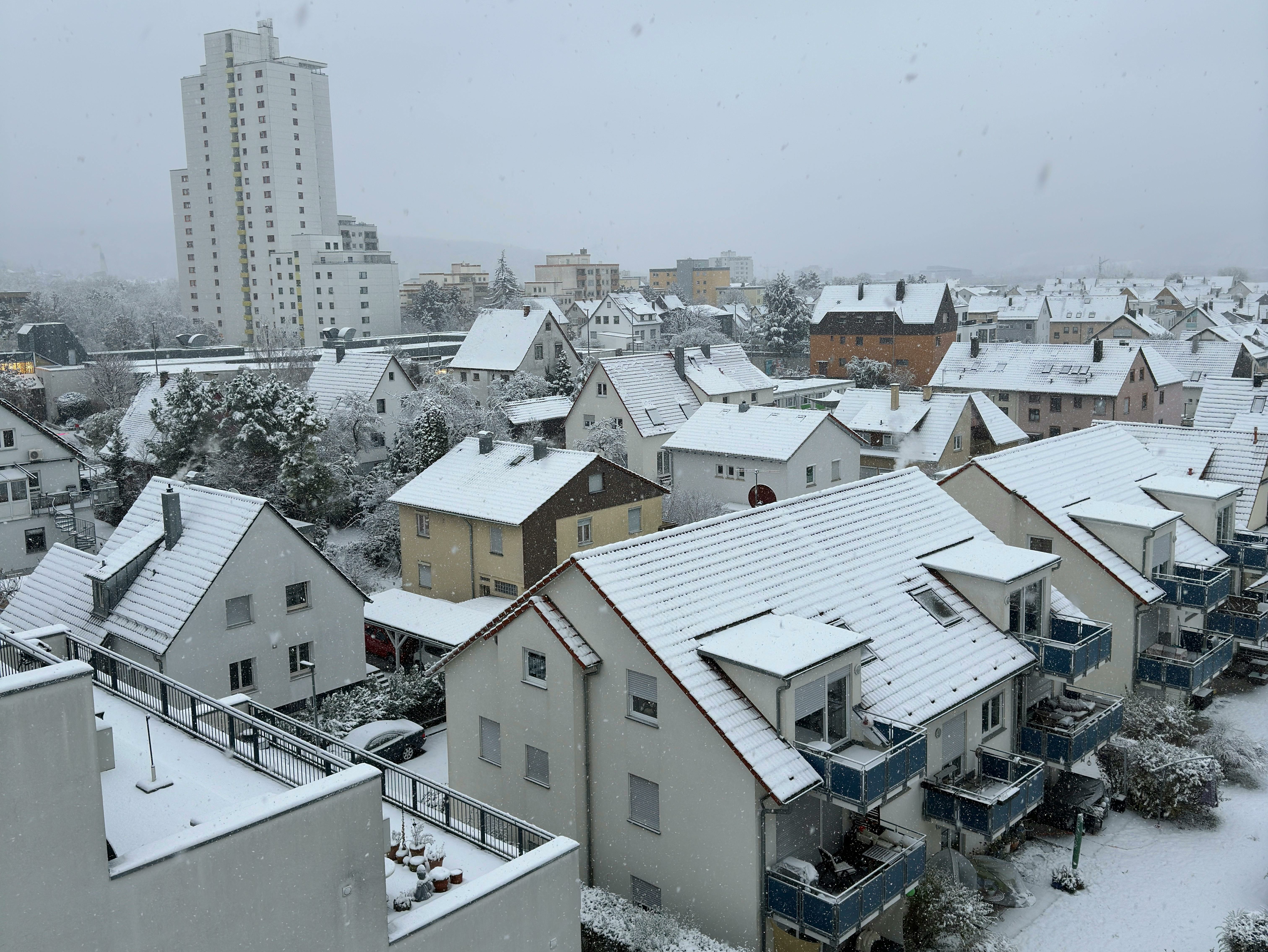 Cleveland homes in the snow in front of a grey sky